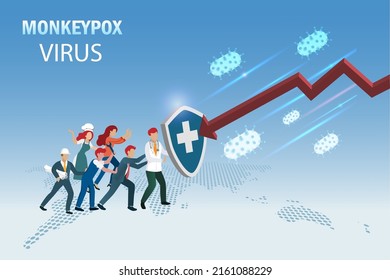 Stop monkeypox virus concept. Doctor holding medical shied with diversity occupation people fighting with monkeypox virus invasion and falling graph on world map.