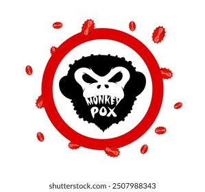 Stop monkeypox virus infection warning sign. Monkey pox disease outbreak epidemic from primates to humans symbol. Mpox danger and public health epidemic risk medical icon. MPV MPVX dangerous pandemic