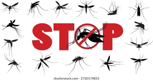 Ilustración del concepto Stop mosquito con múltiples siluetas de mosquitos que rodean una audaz señal de stop roja con un símbolo de insecto tachado. Ideal para diseños relacionados con el control de mosquitos, la prevención del dengue, la concienciación sobre la malaria, los servicios de control de plagas, las campañas de salud pública, la promoción de repelentes de insectos y los mensajes de prevención de enfermedades. Fondo blanco limpio con fuerte impacto visual