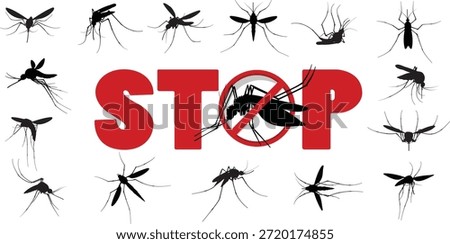 Stop mosquito concept illustration featuring multiple mosquito silhouettes surrounding a bold red stop sign with a crossed-out insect symbol. Ideal for designs related to mosquito control, dengue prevention, malaria awareness, pest control services, public health campaigns, insect repellent promotion, and disease prevention messaging. Clean white background with strong visual impact