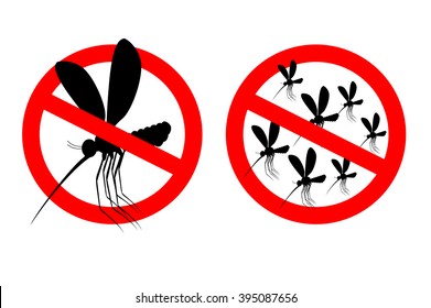 Stop mosquito. Forbidden swarm mosquitoes. Emblem against malaria. Red forbidding character. Ban flying Bloodsucker insect 