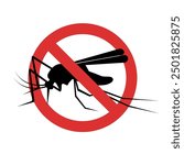 Stop mosquito. Red prohibition sign. Ban insects. Anti pest cartoon sign. Vector illustration flat design. Isolated on background. Malaria epidemic. No mosquito.