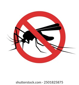 Stop mosquito. Red prohibition sign. Ban insects. Anti pest cartoon sign. Vector illustration flat design. Isolated on background. Malaria epidemic. No mosquito.