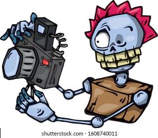 
stop motion metal skeleton holds photo camera