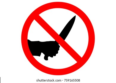 STOP MURDER sign. Silhouette of human hand with killing kitchen knife in red circle. Vector.