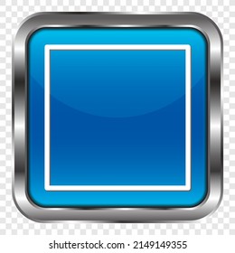 Stop, musical simple icon. Flat design. Metal, blue square button. Transparent grid.ai
