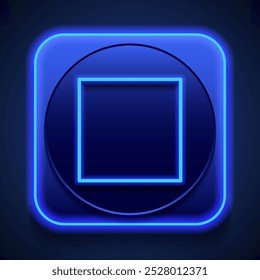 Stop, musical simple icon. Flat design. Blue neon style on button. With shadow.ai