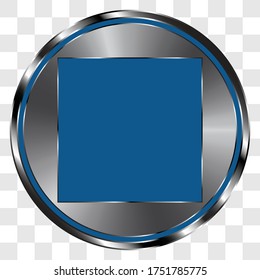 Stop, musical simple icon on metal round button. Transparent grid