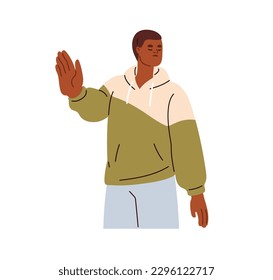 Stop, mute deaf gesture of displeased man. Rejection, refusal expression. Discontent person saying no, showing negative attitude. Flat graphic vector illustration isolated on white background