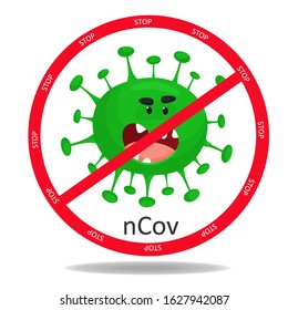 STOP (ncov) - hand drawn cute virus or bacterium. Coronavirus in China. Quarantine. Stop sign coronavirus (2019-nCoV) with character.