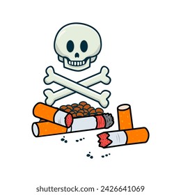 Stop nicotine. Skull with cigarettes. World no tobacco day. Concept of healthy habit. Cartoon