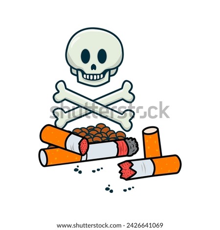 Stop nicotine. Skull with cigarettes. World no tobacco day. Concept of healthy habit. Cartoon