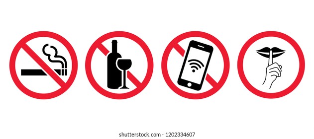 Stop No Ban area sign Forbid no smoking, talking, alcohol drinking or mobile phone Vector please be quiet silent or silence warning shhh signs Vector zone icons Forbidden caution pictogram