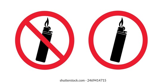 Stop, no entry for plastic gas cigarette lighter icon. Forbid lighters logo. For Flaming cigarette lighter. Pocket light fire symbol or logo. Smokers tools. Cigar, tobacco tool. Forbidden, red circle.