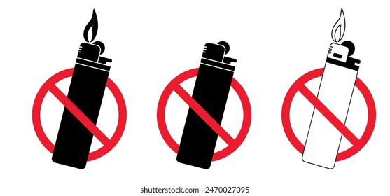 Stop, no entry for plastic gas cigarette lighter icon. Forbid lighters logo. For Flaming cigarette lighter. Pocket light fire symbol or logo. Smokers tools. Cigar, tobacco tool. Forbidden, red circle.