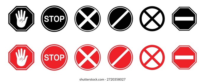 Detener, sin entrada e icono de signo de prohibición configuran el Vector. restricción, símbolo de advertencia. Ilustración vectorial.