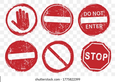 STOP no entry road sign icon shape set. Traffic Prohibition logo symbol. Vector illustration image. Isolated on white background. Not allowed direction sign. No trespassing. Do not enter. Grunge stamp