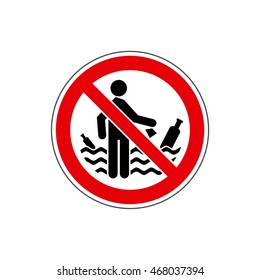 STOP! No! It is forbidden to throw garbage the water / sea. Vector. The icon with a red contour on a white background. For any use. Warns.