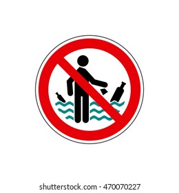 STOP! No! It is forbidden to throw garbage the water / sea. Vector. The icon with a red contour on a white background. For any use. Warns.