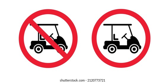 Stop, no Hobby golf cart or golf car icon. Cartoon vector silhouette logo or pictogram. No ban, sport, vehicle transport. Outline, Car for golfers. Do not use cars. Transfer icon or symbol.