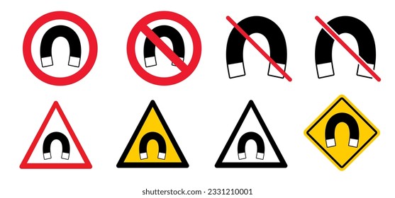 Stop, no magnetic field allowed sig. lines around a bar magnet. Danger magnet is on. Beware of strong electromagnetic field and magnetic force. Positive, negative. Prohibited, forbidden icon