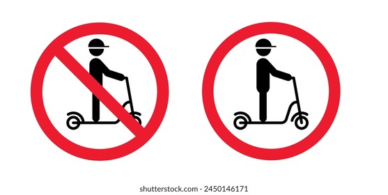 Stop, no ride on a bike or step on street or road. Forbidden bicycl sign. City bicycle icon. electric scooter biker. Cyclist on E scooter logo. Modern ecology vehicle. Vector ebike. No ban signboard