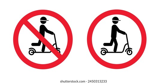 Stop, no ride on a bike or step on street or road. Forbidden bicycl sign. City bicycle icon. electric scooter biker. Cyclist on E scooter logo. Modern ecology vehicle. Vector ebike. No ban signboard