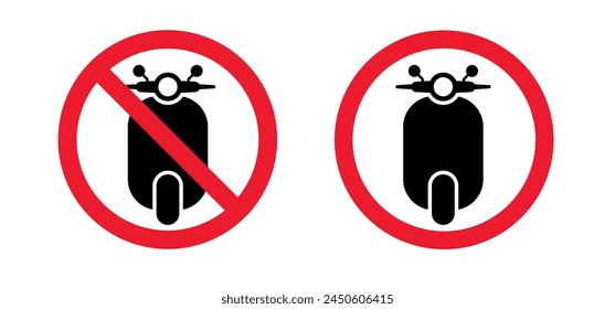 Stop, no ride on a motor scooter. Forbidden for motorcycle or motor bike. No ban signboard for motor bicycle. Electric scooter or E scooter logo. Modern ecology vehicle. No parking.