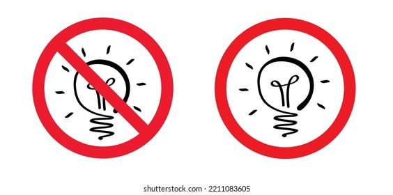 Stopp Kein Licht im Haus Warnung. Stoppt das Symbol der Glühbirne. Verboten oder verboten auf dem Leuchtbulb-Verbotsschild. Glühbirnengebiet oder -zone. Kein Verbot. Flaches, vektorrotes Schild. Bitte schalten Sie den Strom aus.