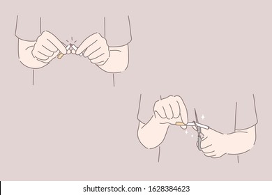 Stop or no smoking set concept. Hands are breaking cigarettes. Stopping to smoke, cutting cigarettes with scissors. Mans hands are leaving off smoking. Qutting from addiction. Simple flat vector