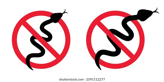 Stop, no snake. Warning, Prohibition sign. Tropical wildlife reptiles. Poisoned serpents. Snake silhouet. Animal icon. Wild life symbol. Reptile snake. Attention venomous snake. Beware of snakes.
