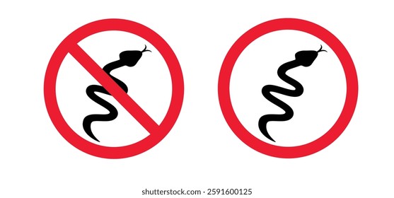 Stop, no snake. Warning, Prohibition sign. Tropical wildlife reptiles. Poisoned serpents. Snake silhouet. Animal icon. Wild life symbol. Reptile snake. Attention venomous snake. Beware of snakes.