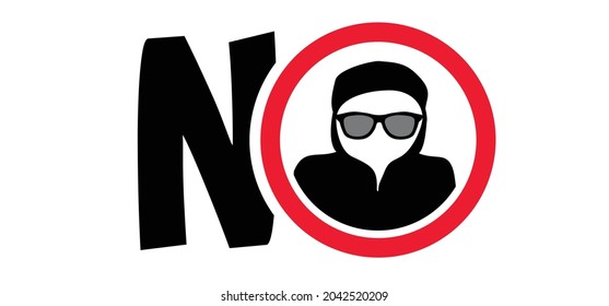 Stop no thiefs, do not steal. Forbidden sign or signboard. No ban, halt allowed zone. Flat vector thief pictogram or icon. Warning sign no criminal or stealing. No criminals mask or sunglasses. helmet