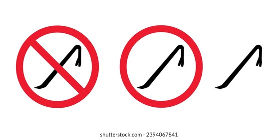 Stop, no wrecking bar. Crowbar or pry bar icon. Pinch bar signboard. do not thief an strike. Set tool for various repairs. House breaker, stealing. Car or home breaking.