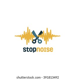 Stop Noise Original Conceptual Minimal Symbol.Memorable Visual Metaphor.Simple, Solid & Bold Mark. Pair of Scissors Cutting The Sound Wave. Represents the Concept of Sound Protection, Silence etc.