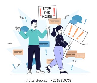 Stop noise rally. Man and woman with posters and placards. Peaceful demonstration and protest, strike. Activists and volunteers. Linear vector illustration isolated on white background