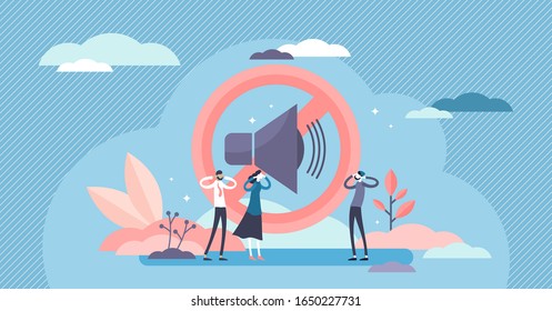 Stop noise sign concept, flat tiny person vector illustration. Sound symbol and people protesting. Loud urban environment and noisy neighbors social issues. Modern life problems and lack of the peace.