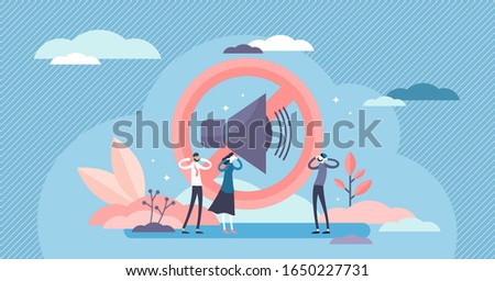 Stop noise sign concept, flat tiny person vector illustration. Sound symbol and people protesting. Loud urban environment and noisy neighbors social issues. Modern life problems and lack of the peace.