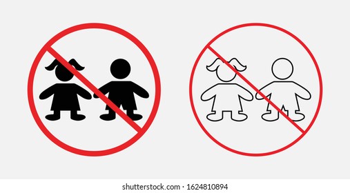 STOP! Not for children. Vector. The icon with a red contour on a grey background. Prohibitory sign caution children in red crossed out circle. Icons set