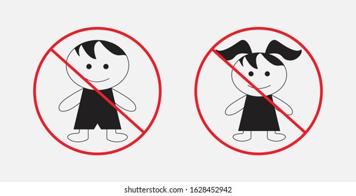 STOP! Not for children. Vector. The icon with a red contour on a grey background. Prohibitory sign caution children in red crossed out circle