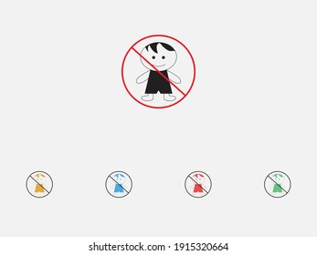 STOP! Nicht für Kinder. Vektorgrafik. Das Symbol mit einer roten Kontur auf grauem Hintergrund. Verbotene Schildwarnung Kinder in roten Kreuz. Set von bunten Design-Symbolen
