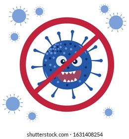 Stop novel coronavirus concept.  Quarantine. COVID-19 virus. Cartoon coronavirus. Wuhan coronavirus 2019-nCov. Global epidemic alert. Cartoon virus. Vector illustration.