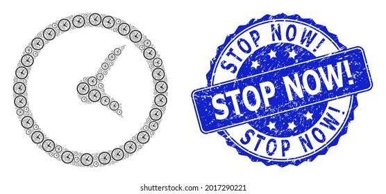 Stop Now Exclamation grunge round seal print and vector recursive mosaic clock. Blue seal has Stop Now Exclamation text inside round shape. Vector mosaic is organized of repeating clock icons.