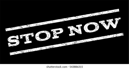 Stop Now watermark stamp. Text tag between parallel lines with grunge design style. Rubber seal stamp with dust texture. Vector white color ink imprint on a black background.