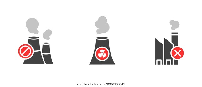 Stop nuclear energy power plant, radioactive reactor station icon set, no radiation, global pollution problem concept, isolated on white background.