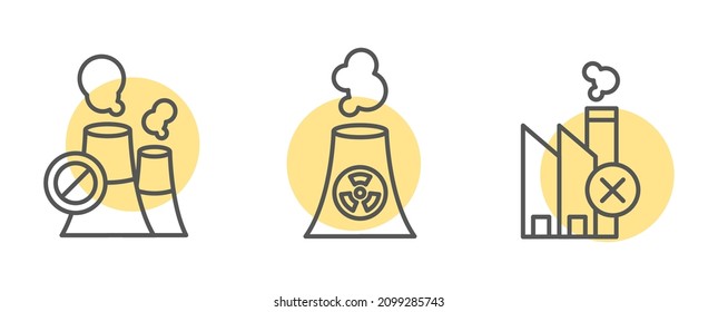 Stop nuclear power plant energy icon set, radioactive reactor station, no radiation concept, ecological problem, isolated on white background.