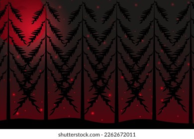 Stop the nuclear war. Landscape of night forest against the background of radioactive red ash, blood moon an stars. The end of the world concept.