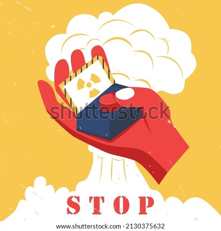 Stop nuclear weapons banner. Atomic bomb explosion. Finger push red nuclear button retro poster. No war flat vector illustration.