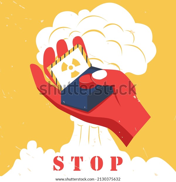Stop nuclear weapons banner. Atomic bomb
explosion. Finger push red nuclear button retro poster. No war flat
vector illustration.