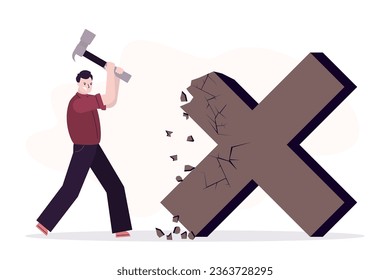 Stop obsessing over mistakes. Businessman uses hammer and smash big cross sign. Beginner learning from mistake for career growth or being more professional, overcoming obstacles and failures. vector